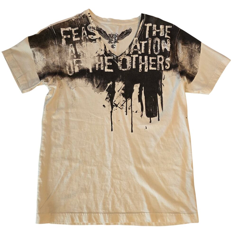 Bossini Y2K Graphic V-Neck T-Shirt Off-White Distressed Grunge Mens L